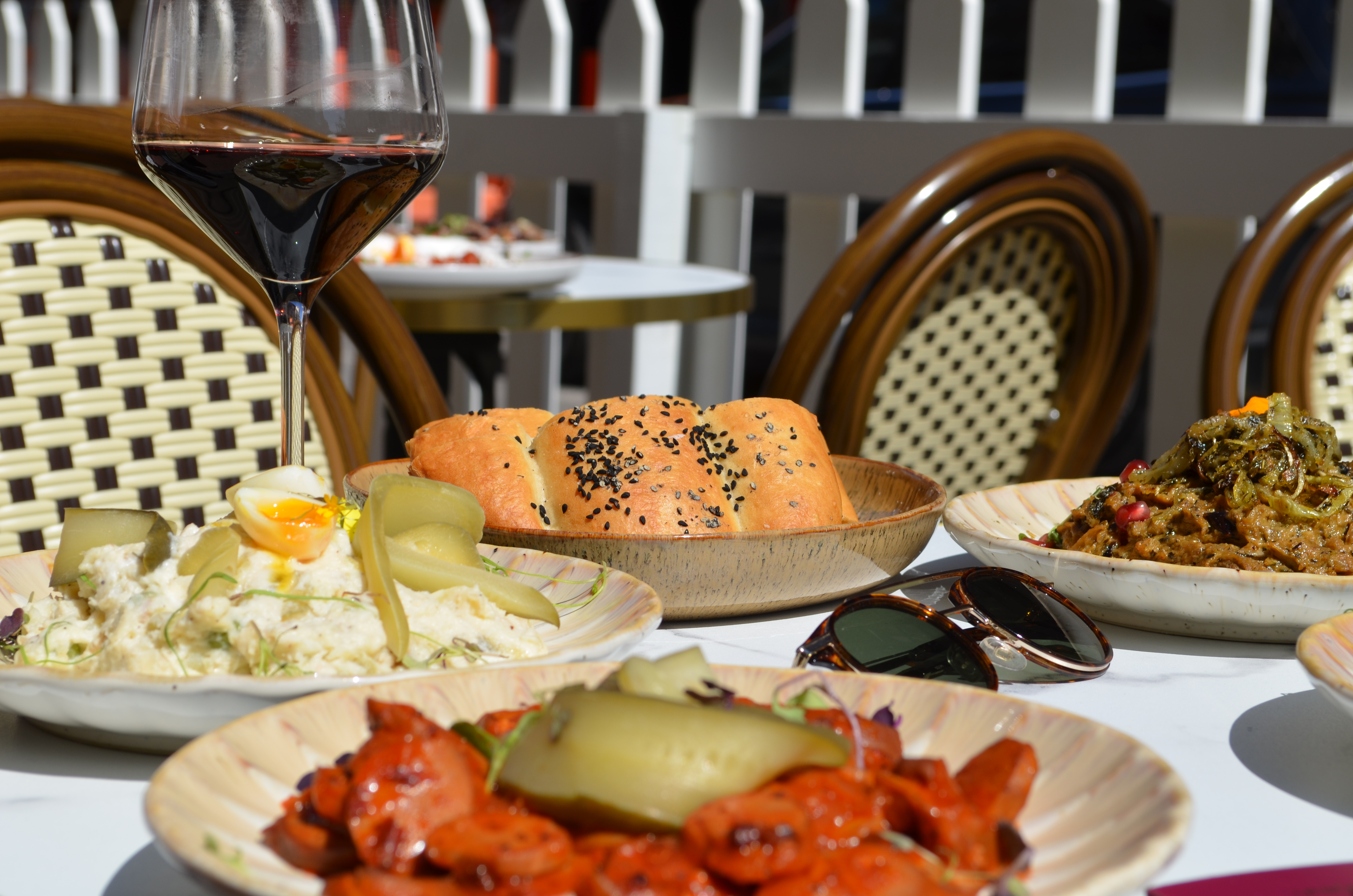 Tapas spread with wine